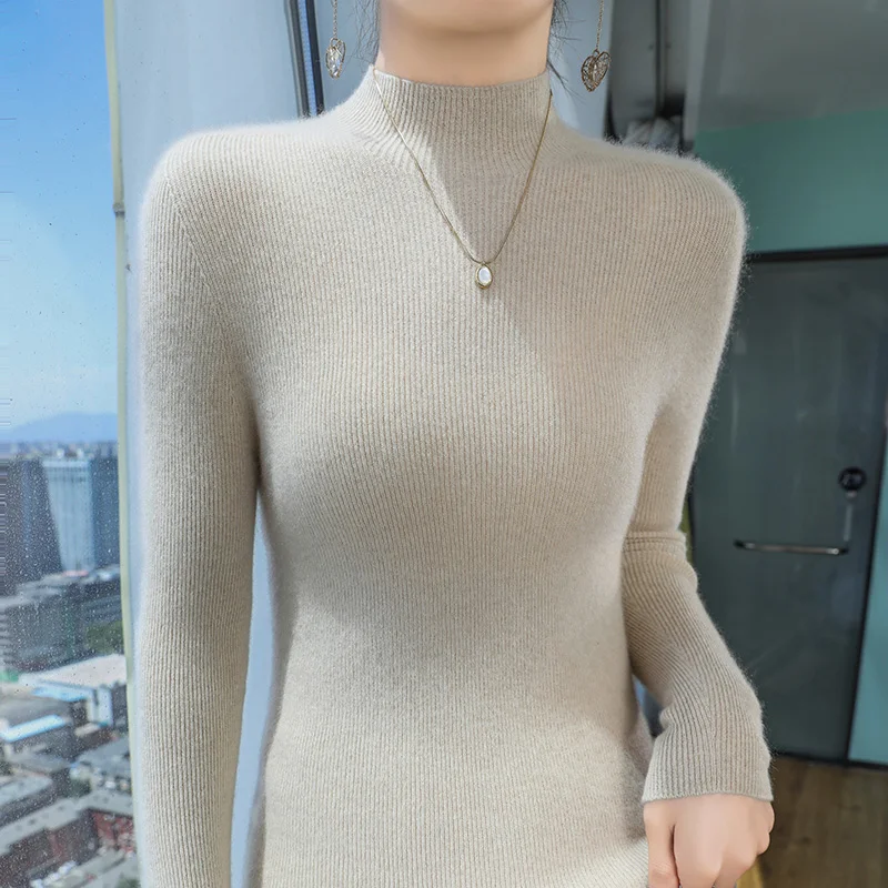 European high-end 100% pure cashmere sweater for women autumn and winter short slim draw strip knitted half high neck base - Image 4