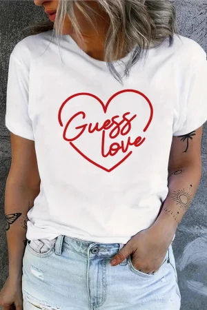 Ladies' casual short sleeved T-shirt - red heart-shaped "Guess Love" printed round neck top