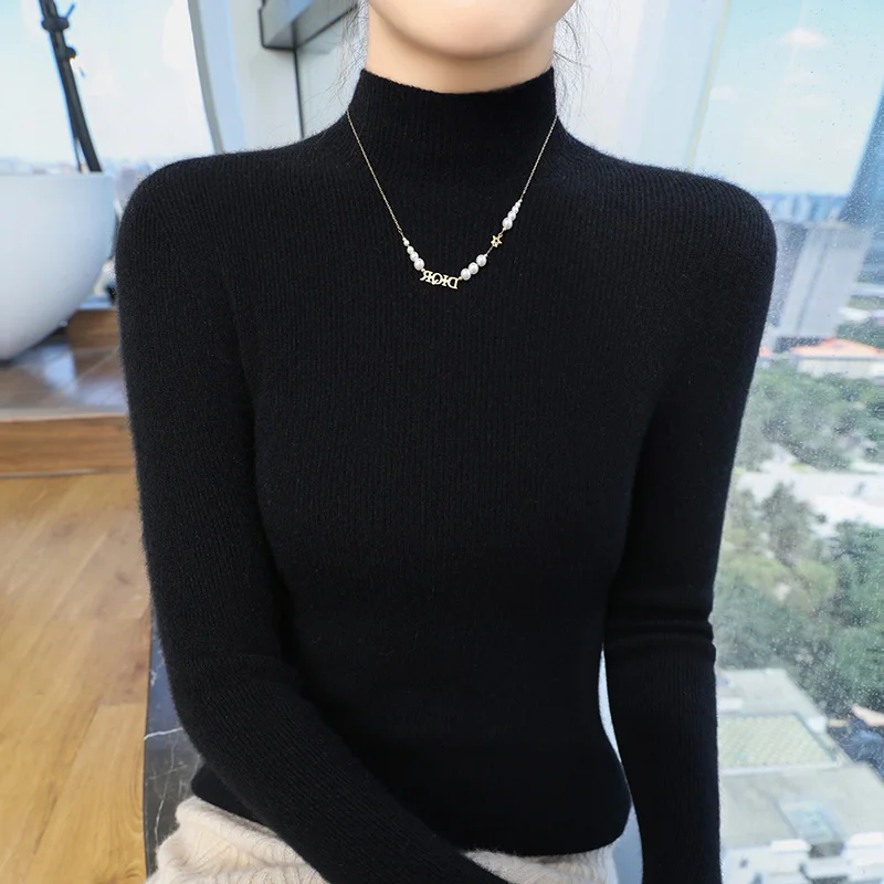 European high-end 100% pure cashmere sweater for women autumn and winter short slim draw strip knitted half high neck base - Image 5