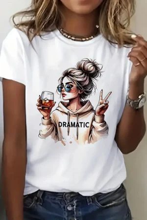 Streetwear 90s Women'S Casual Graphic T-Shirt "Dramatic" Print with Wine Print Short Sleeve T Shirt Clothing Top Tee