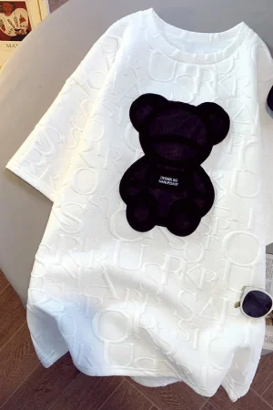 CGC Korean Fashion Women Oversized T-shirt Casual Bear Printing Short Sleeve Tees Summer Female Loose Tops Simple O-Neck T-shirt