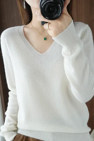Autumn And Winter Cashmere Sweater New Women's V-neck Pullover Lace Neck Hollow Out Design Casual Knitted Long Sleeve Women's