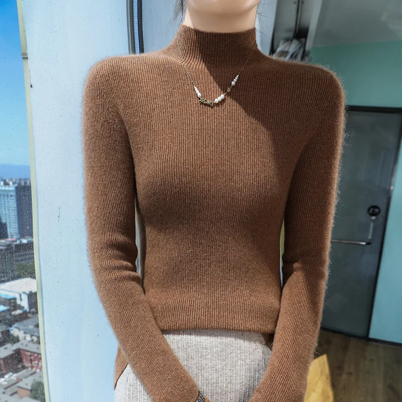 European high-end 100% pure cashmere sweater for women autumn and winter short slim draw strip knitted half high neck base - Image 3