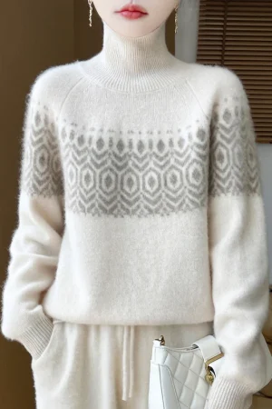 New Women's Sweater Autumn/Winter 100% Merino Wool Sweater Casual Loose High Collar Pullover Fashion Korean Jacquard Women's Top