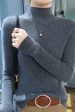 European high-end 100% pure cashmere sweater for women autumn and winter short slim draw strip knitted half high neck base