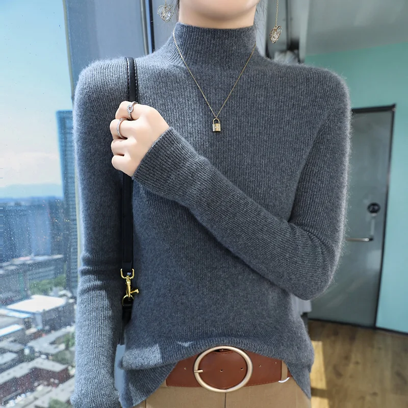 European high-end 100% pure cashmere sweater for women autumn and winter short slim draw strip knitted half high neck base