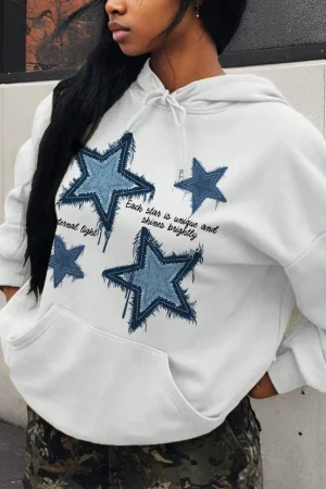 Retro Blue Star Printed Women Hoodie Casual Multicolor Hoody Vintage Loose Y2K Hoodies Comfortable Fleece Woman Clothing