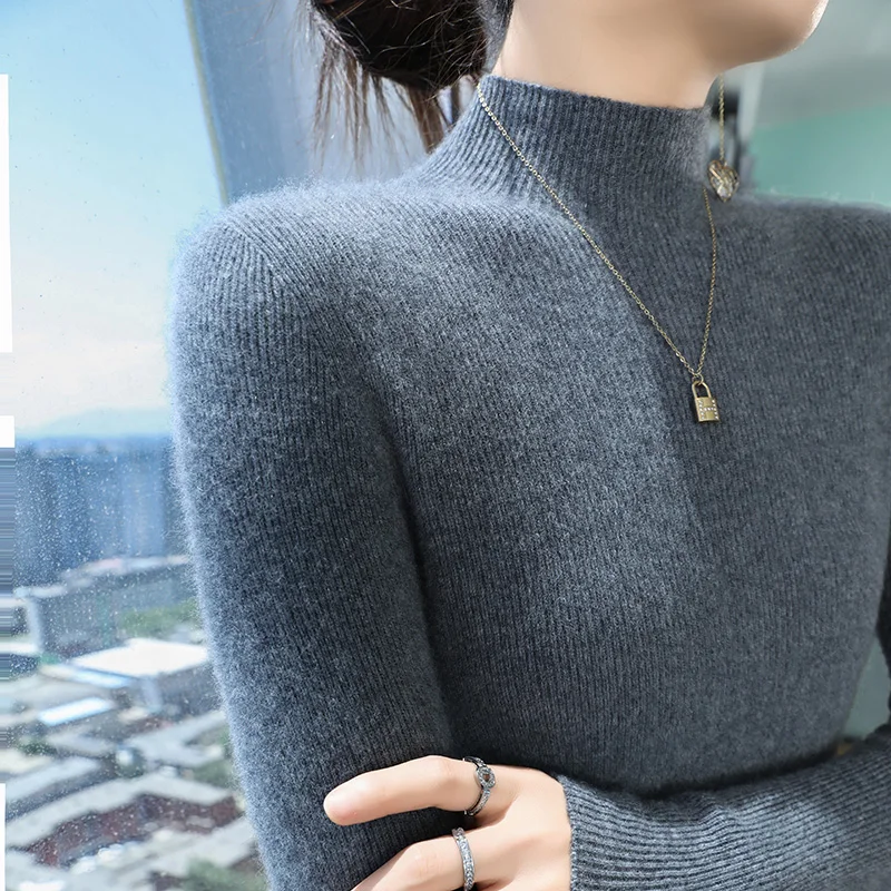 European high-end 100% pure cashmere sweater for women autumn and winter short slim draw strip knitted half high neck base - Image 6