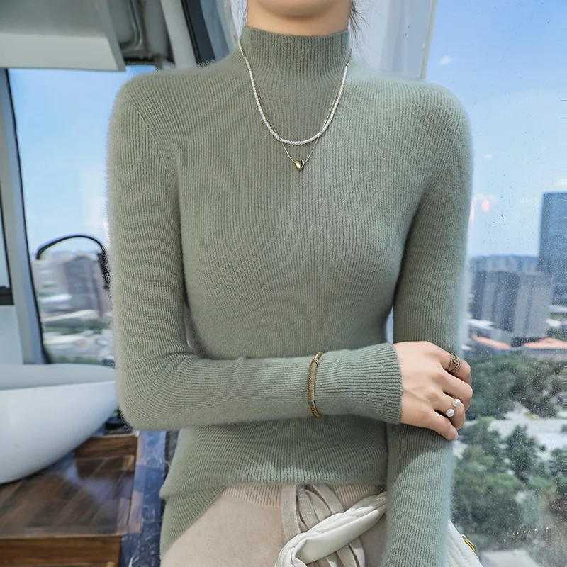 European high-end 100% pure cashmere sweater for women autumn and winter short slim draw strip knitted half high neck base - Image 2